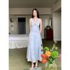 Women's Summer Blue Sleeveless Unique and Beautiful Waist Pinch Dress Summer Temperament Lace Splicing Hollow Dress