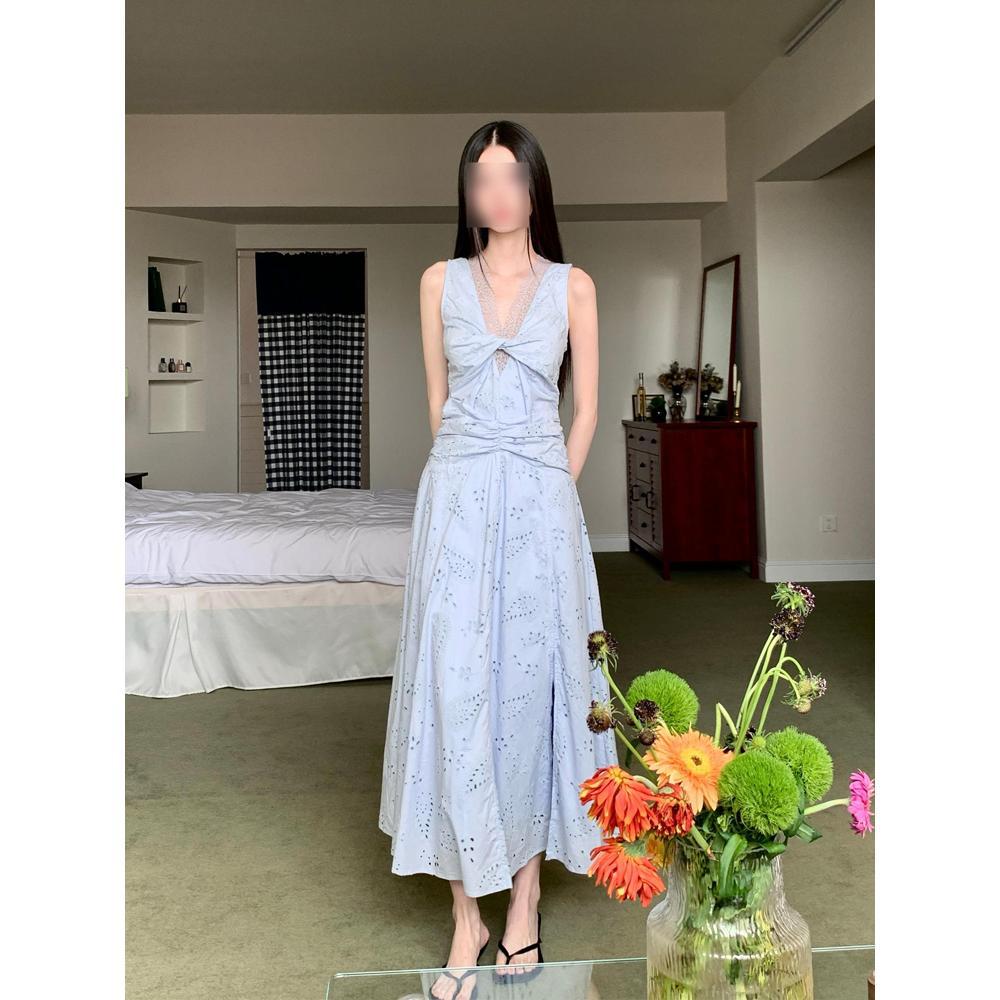 

Женское летнее синее платье без рукавов, уникальное и красивое платье с приталенной талией, летнее темпераментное платье с кружевной вставкой и ажурным узором XL- (recommended 110-60kg)