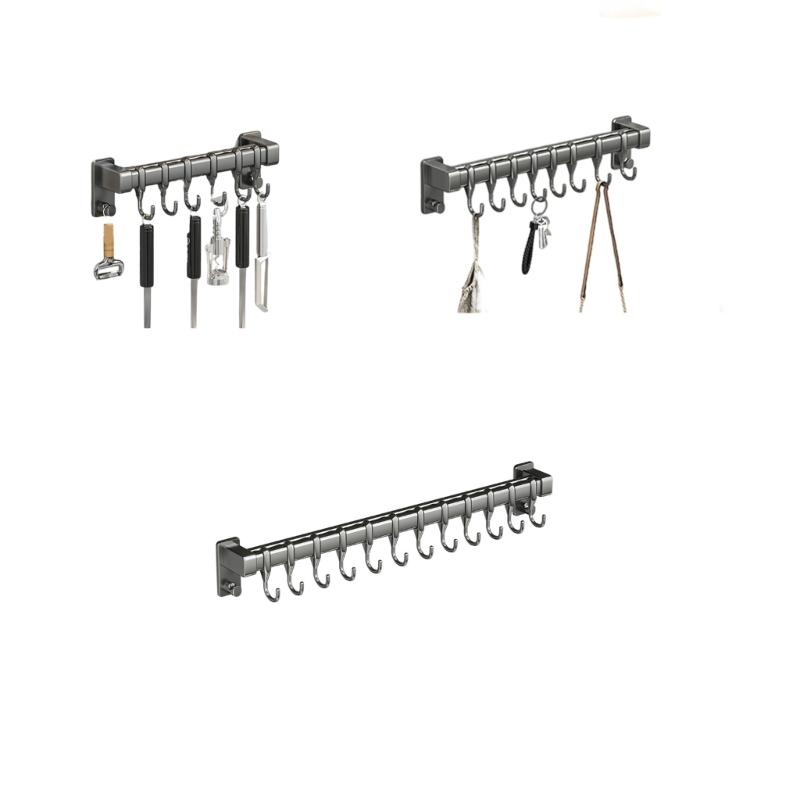 Adhesive Wall Rail with Hanging Positions, Carbon Steel Kitchen Storage Rack for Neat Home Cooking Spaces and Clear Counters