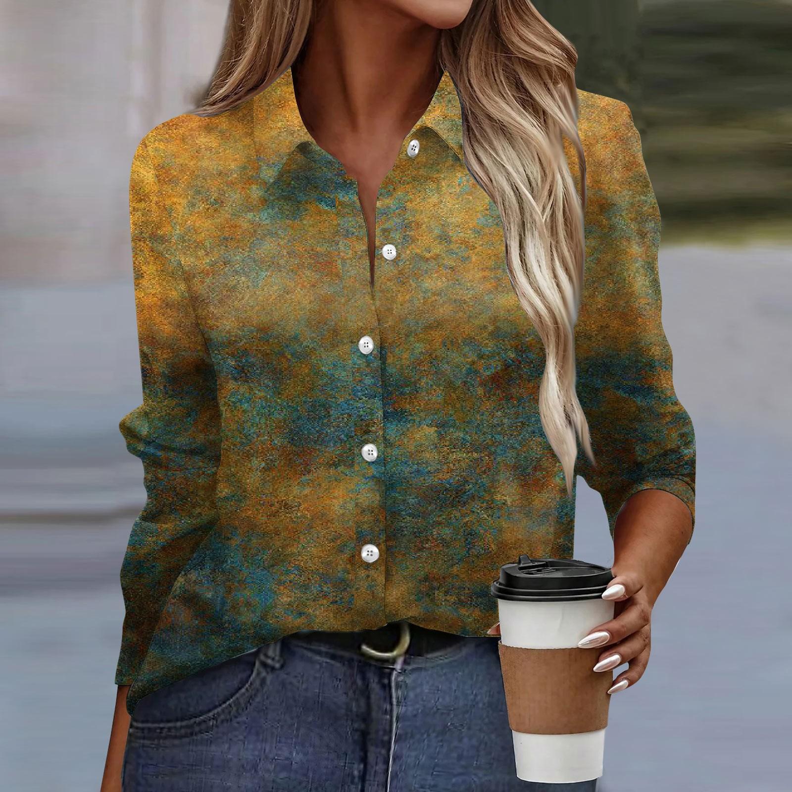 

Женская рубашка-блузка с принтом и пуговицами, длинный рукав, повседневный базовый рубашечный воротник, обычный топ XL жёлтый