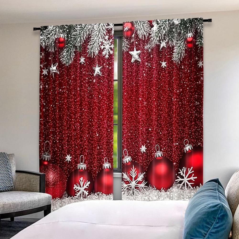 2D flat printing 2pcs Christmas curtains Christmas Red Ball Digital Printed Polyester Drapes Birthday Party Perfect for Parties