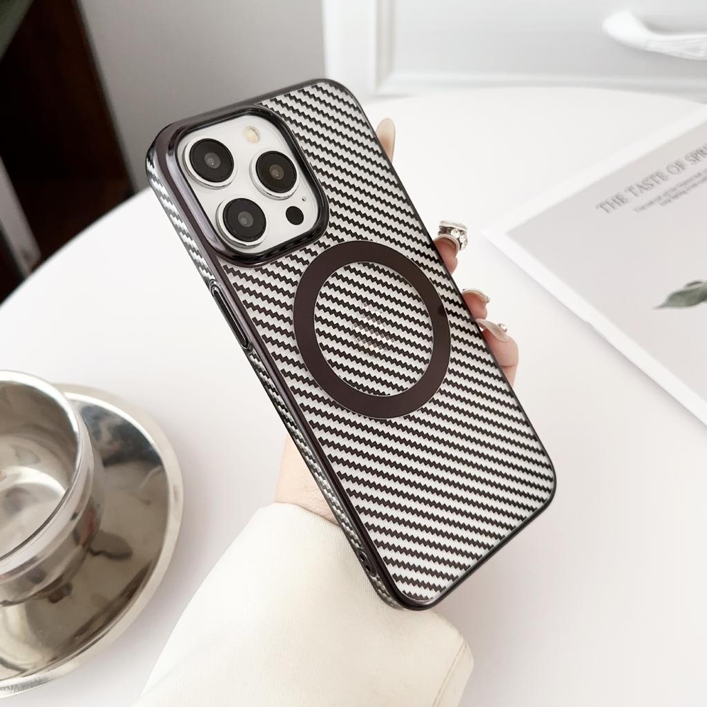 Applicable To Apple 15promax Phone Cases, IPhone14 Carbon Fiber Texture Magnetic Magnetic PC Electroplated Protective Cases