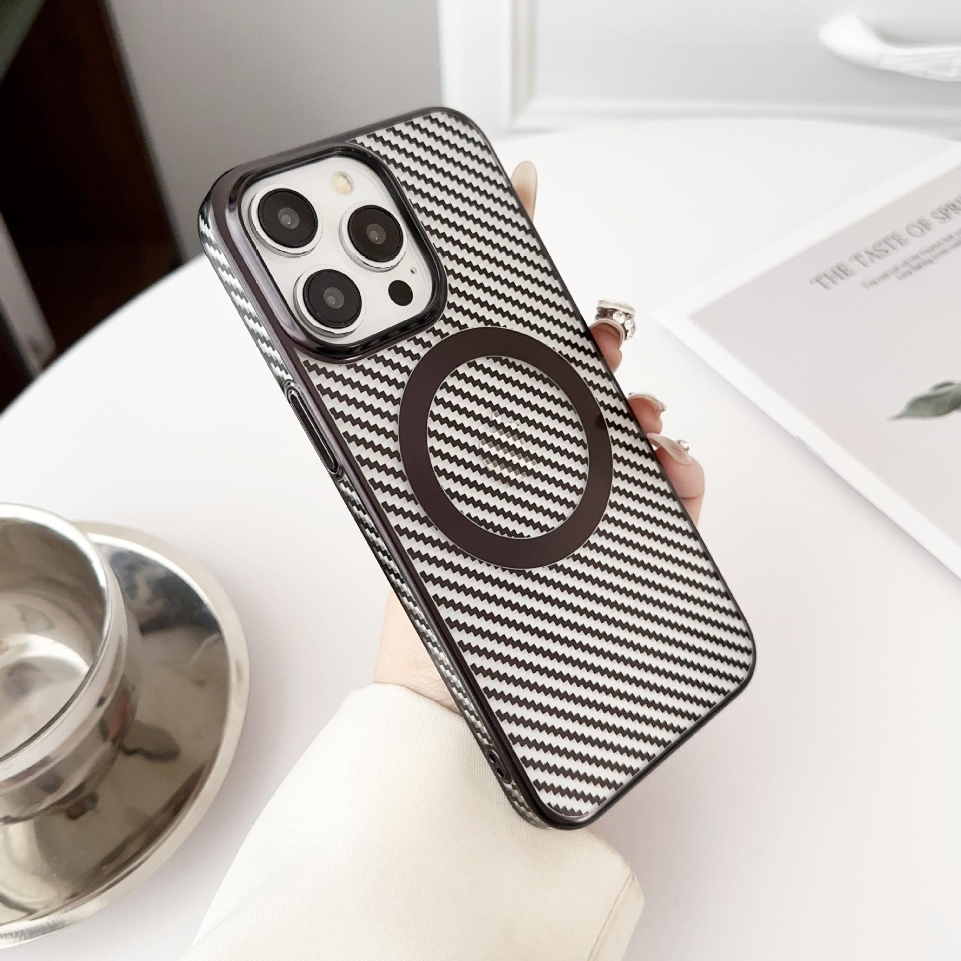 

Applicable To Apple 15promax Phone Cases, IPhone14 Carbon Fiber Texture Magnetic Magnetic PC Electroplated Protective Cases Apple 15