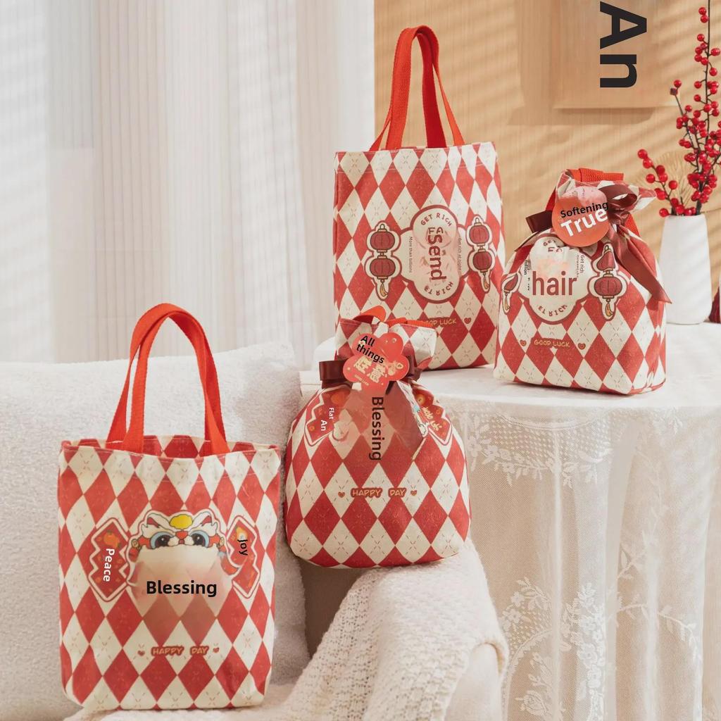 Red Grid New Year Gift Bag - Portable Canvas Souvenir for Kids' Candy, Birthday, Wedding, and Festival Celebrations