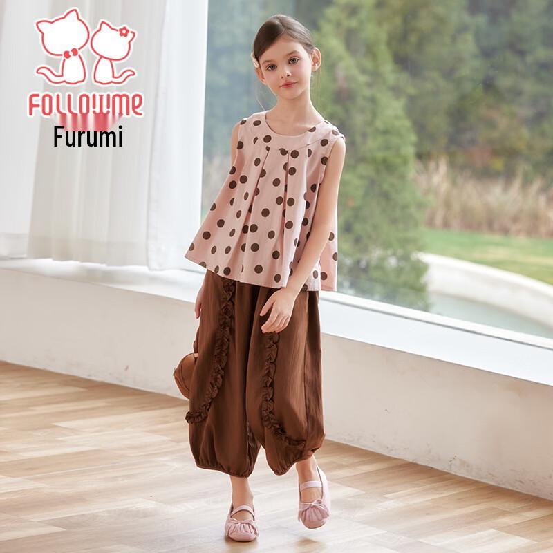Girls  Retro Polka Dot Sleeveless Top & Wide-Leg Pants Set 120