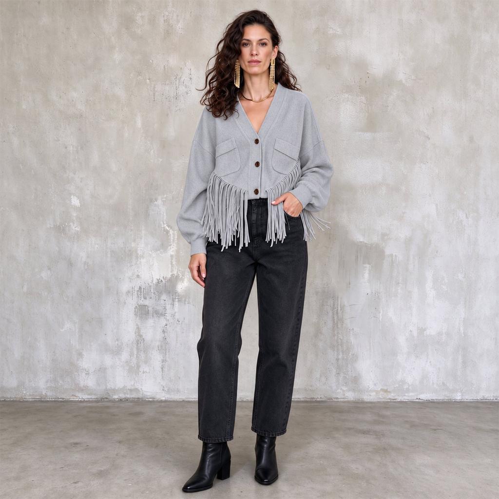 Women's Cropped Streetwear Jacket with Flattering Fit, Hem, V-Neck and Single-Breasted Button Front