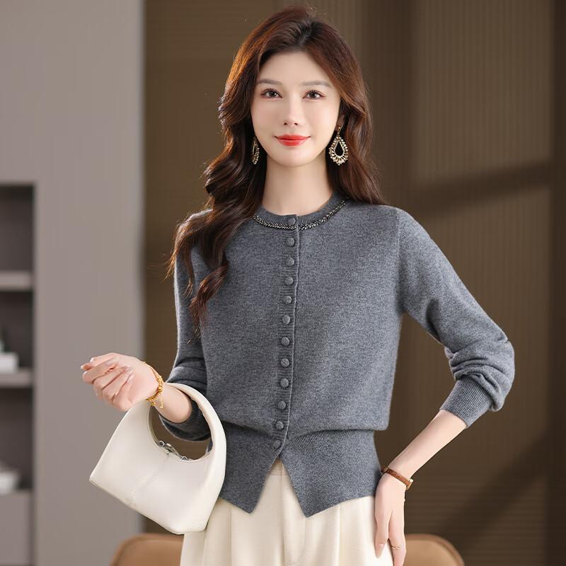 Women's 100% Pure Wool Round Neck Knitted Cardigan