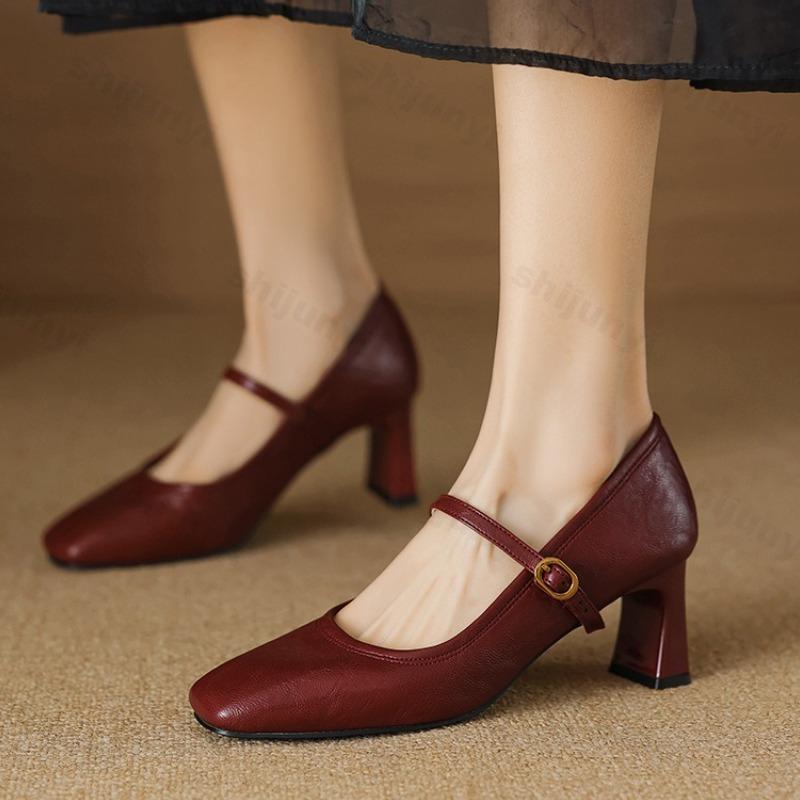 Women High Heels New French Style Retro Buckle Strap Comfortable Soft Square Toe Pumps Daily Simple Versatile Chunky Heel Shoes