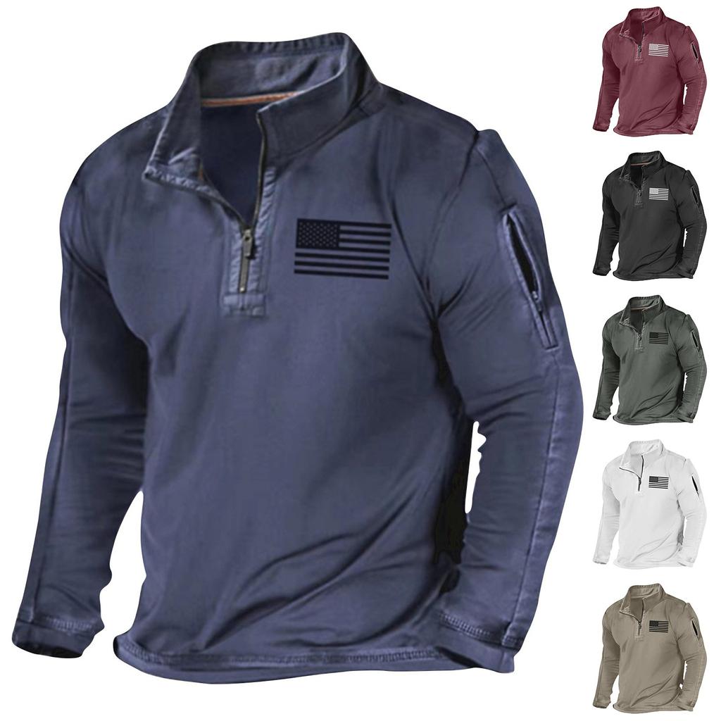 Men's Solid Color Flag Printed Loose Half Zippered Standing Neck Hoodie Men's Casual Sports Hoodies