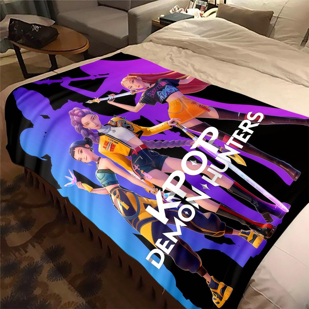 KPop Demon Hunters Cartoon Print Flannel Blanket, Warm Comfortable for Bedrooms, Sofas, Beds -HYQ11