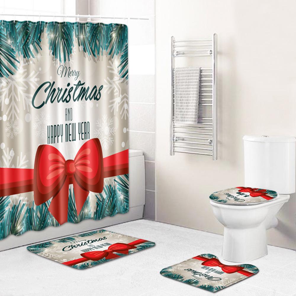 Hot Christmas Bathroom Shower Curtain Four-Piece Combination Floor Mat Bathroom Water-Absorbing Non-Slip Door Mat Carpet