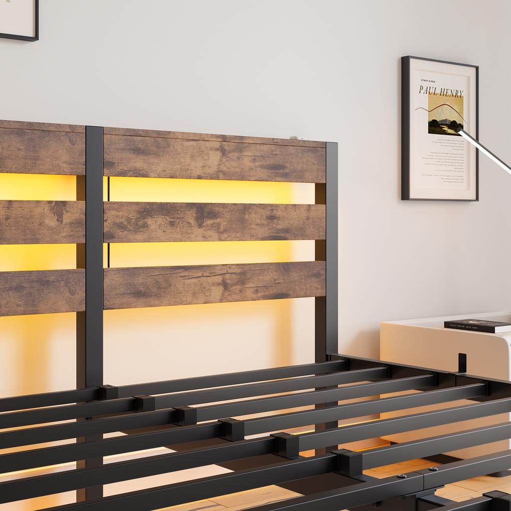 140x190 Bed Frame with LED Lighting and USB Charging Station, Metal Bed Frame Without Mattress, with Storage Under the Bed