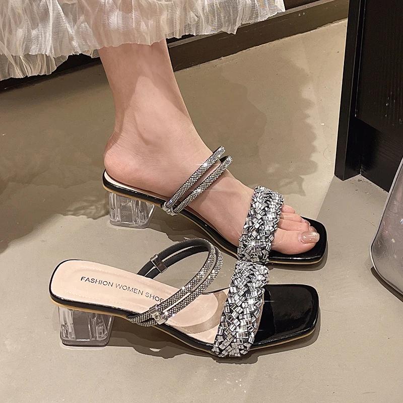 Shoes for Women 2025 New Summer Outdoor Large Size Women's Slippers Fashion Rhinestone Peep Toe Square Heel Modern Slippers