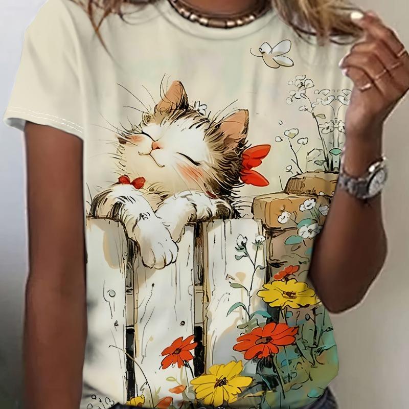 Ladies Funny Cat Animal Print Round Neck Short-Sleeved T-Shirt Fashion Casual Breathable Street Ladies Summer Clothing