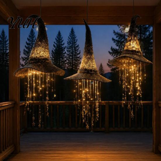 Glowing Star String Lights Light Up Witch Hat Hanging Lamp, Halloween Ornament with Twinkling Seasonal Home Party Supplies Stars Moon, Indoor Outdoor