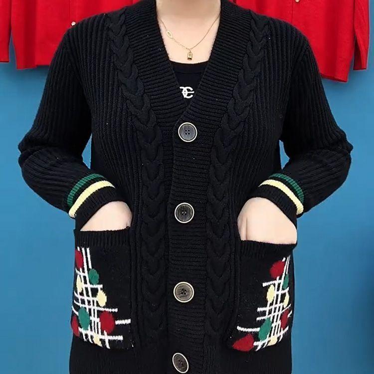 

Жіночий одяг для літніх людей середнього віку, осінь, зима, однобортний в’язаний кардиган, жіночий светр з довгими рукавами та вільними кишенями. 3XL чорний