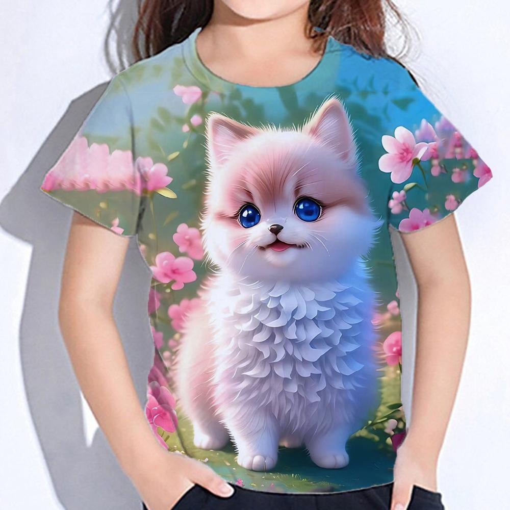 2025  Kids Clothes Blouse for Girls Kawaii Cat Girl Short Sleeve Tshirt Print Boys Clothes Polyester Girl Tee Shirt Child T-Shirt
