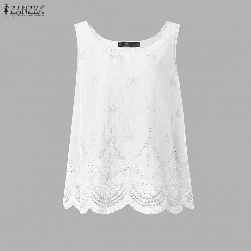 ZANZEA Women Casual Round Neck Loose Sleeveless Lace Crochet Tank Tops