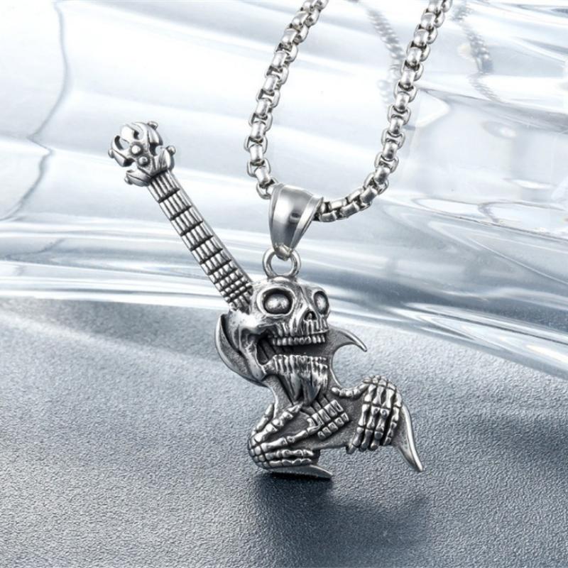 Punk Fashion Skull Guitar Titanium Steel Necklace Pendant for Men and Women Retro Trendy Brand Pendant