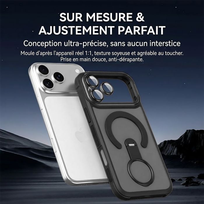 Coque pour iPhone 18 Pro Max, Bumper Hybride avec Cercle Magnétique et Support - Noir