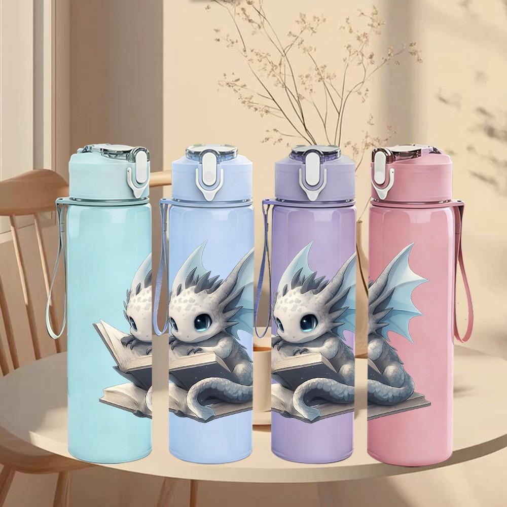 1PC Cute Baby Blue Dragon 750ml Color Plastic Sports Water Bottle Leakproof Flip Straw Lid Suitable for Sports Office Home Use