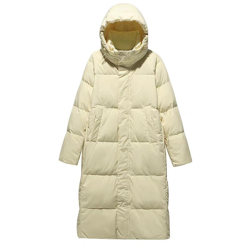 Winter 2024 neue lange Knie-Daunenjacke Damen weiße Entendaunen verdickte Kapuze lose Studentenjacke Flut