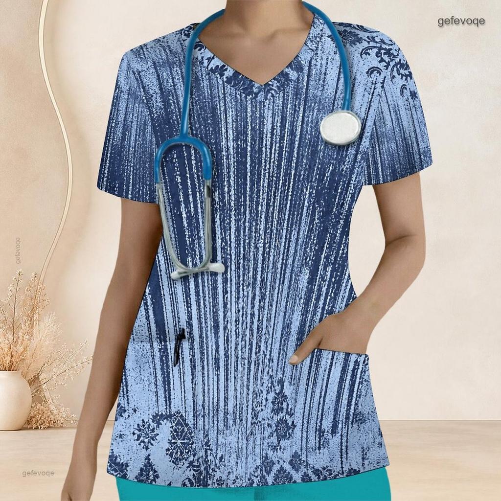 Women Plus Size Printed Nurse Scrub Top V Neck Short Sleeve With Front Pockets