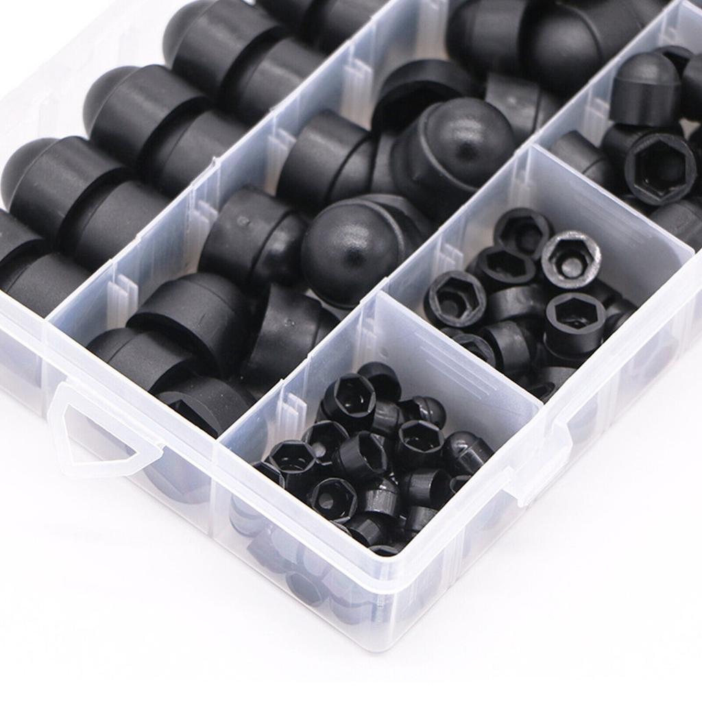 145pcs/set Black Protection Cover Assorted Plastic Nut Hex Bolt Covers M4 M5 M6 M8 M10 M12 Kit for Hexagonal Screw Bolt Dome Head