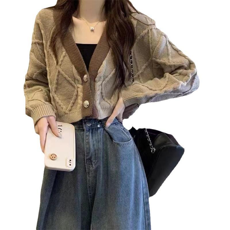 Women's V-neck Short Cardigan Sweater Coat Spring and Autumn Loose Fried Dough Twists Knitting Top