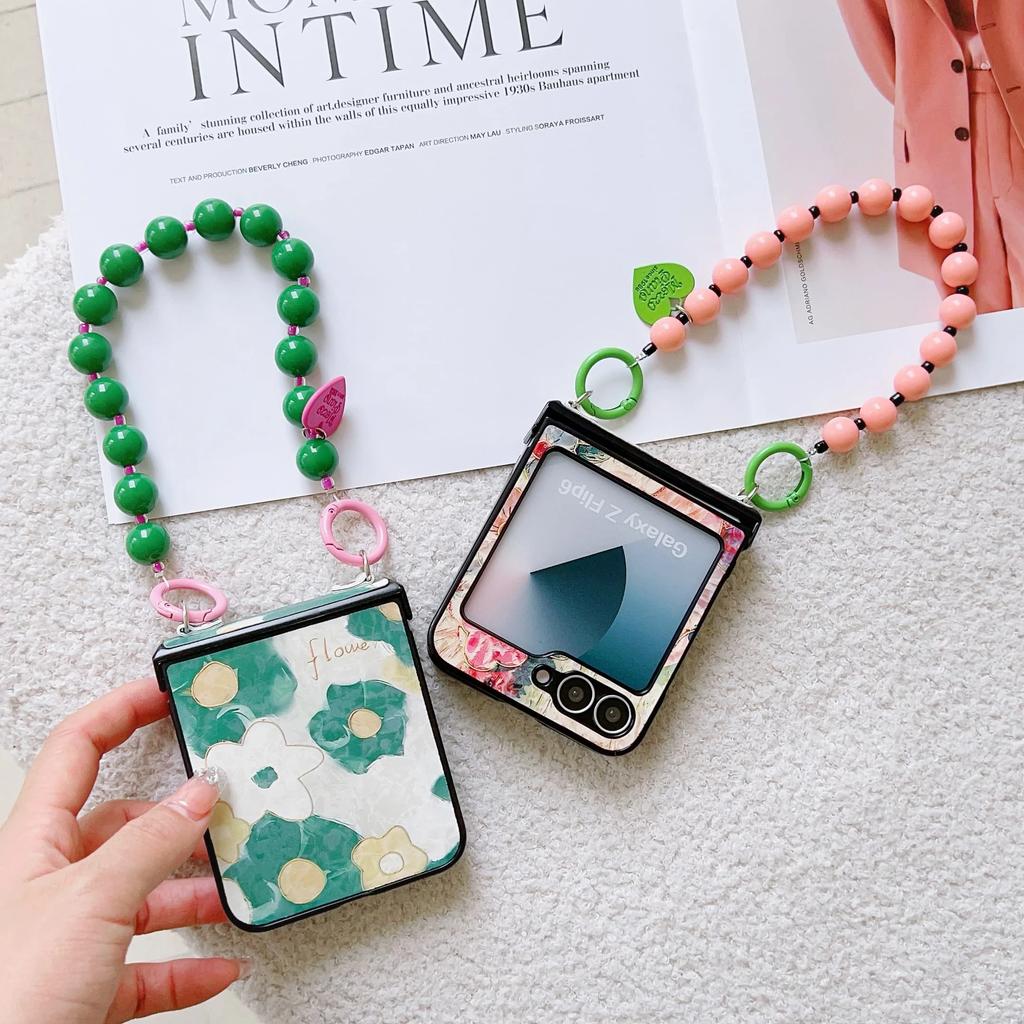 Flower PU Leather Cover with Hinge Protection & Wrist Chain Strap Bracelet For Samsung Galaxy Z Flip 6 5 4 3 Phone Case