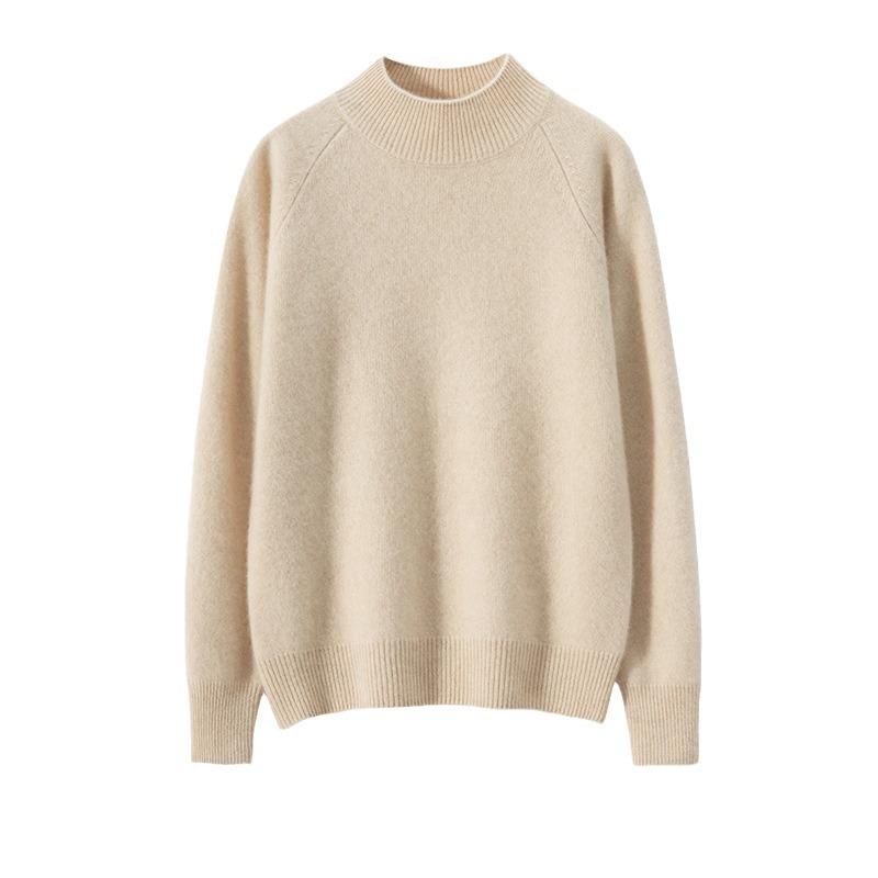 Women's Slimming Knit Cashmere Sweater - Solid Color, Half-High Collar, Thickened, Seven-Needle, Autumn/Winter