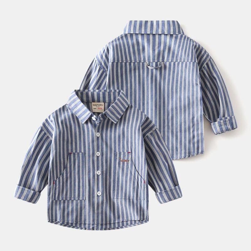 Boys' Striped Shirt Spring and Autumn Children's Clothing Baby Boy Casual Embroidered Long-Sleeved Shirt Children's Collared Shirt Top