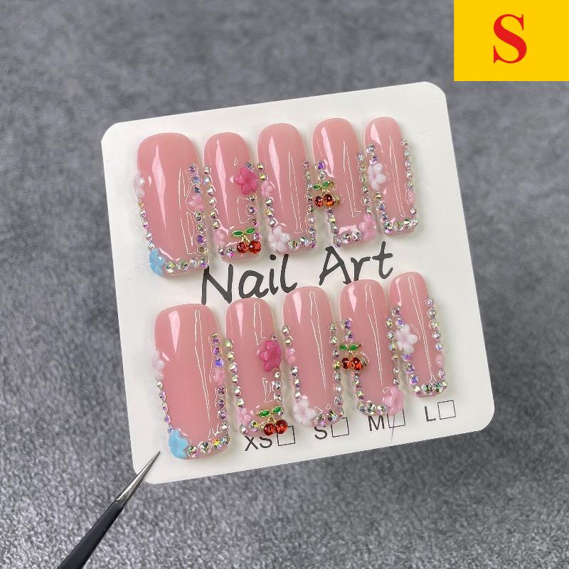 

10Pcs Handmade Fake Nails Nude Pink Color Press On Nails Shiny Diamond Flower Designs Full Cover Reusable Nail for Girls&Women
