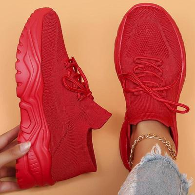 Fashion Red Sneakers Breathable Knitted Shoes For Women Lightweight Non-slip Platform Socks Shoes Tennis Thick Sole Shoes Spring