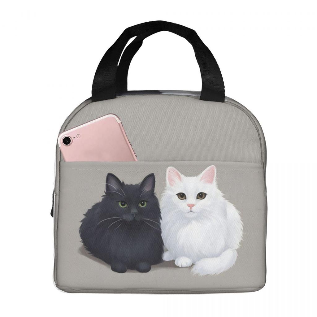 Cartoon Black White Cat Print Insulated Lunch Bag for Women Office Cooler Thermal Food Box Tote Portable Lunch Boxes Container