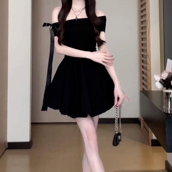 French one-word shoulder off-the-shoulder red dress women's summer new small beautiful puffy bud dress