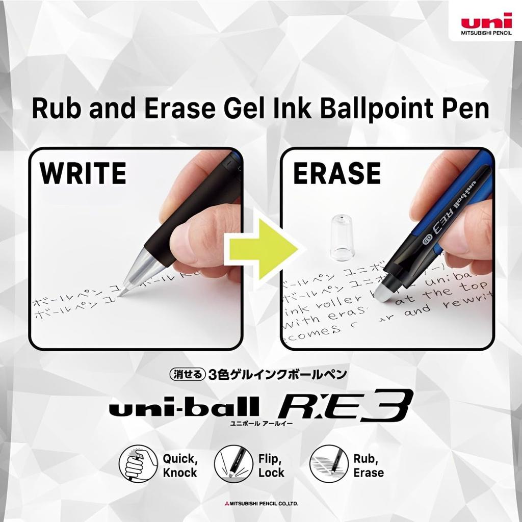 Mitsubishi Pencil Erasable Ballpoint RE3 3 Tri-Color Pen, Uni-ball 0.5, Black, URE350005.24 (x pens)