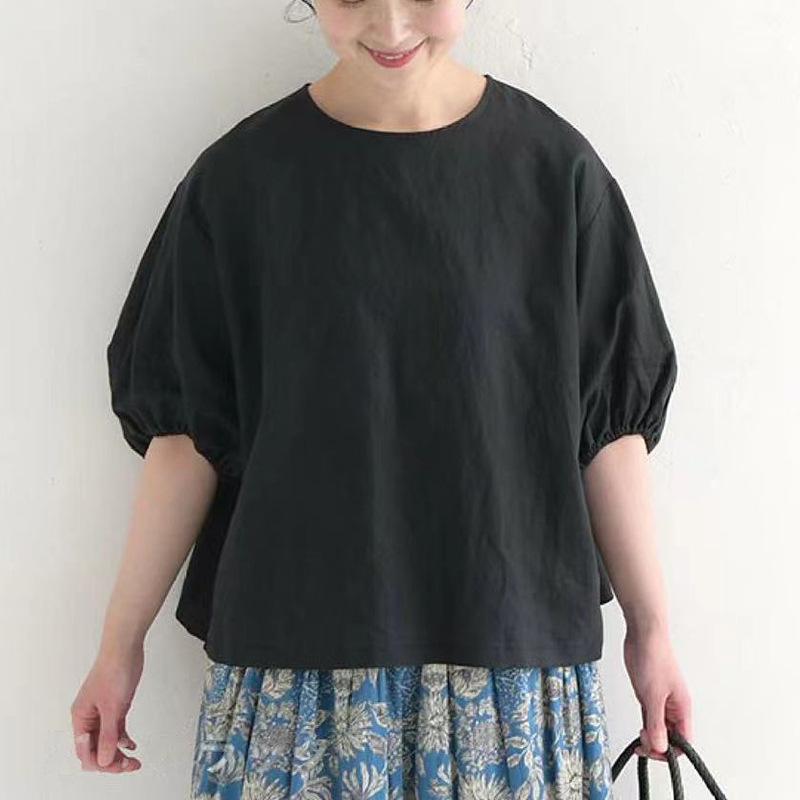 Summer Cotton and Linen T-shirt for Women Simple Solid Color Loose Lazy Puff Sleeve Short-sleeved Top