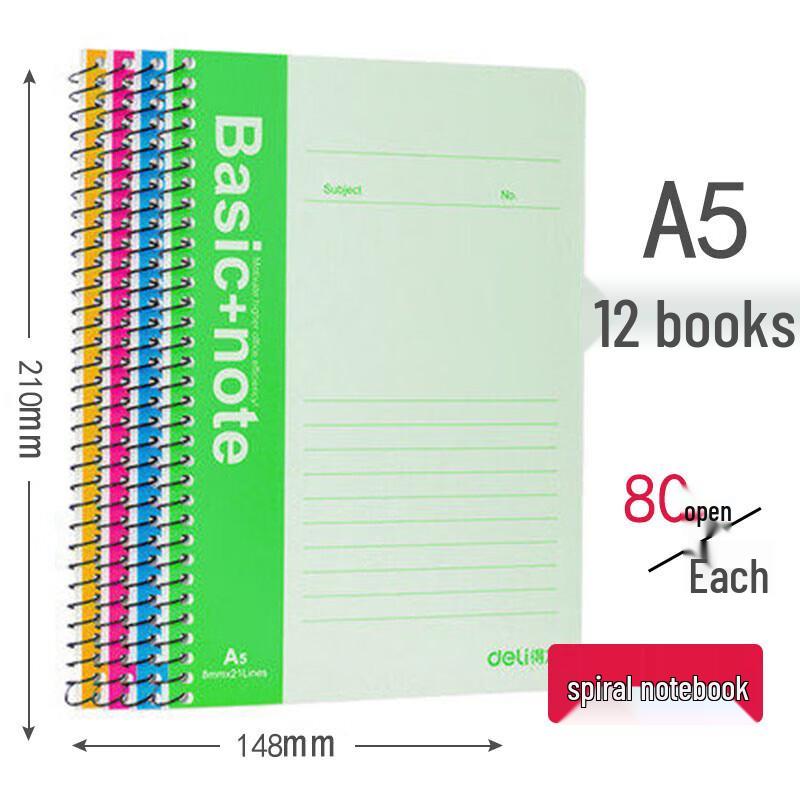 Deli A5 Spiral Notebook (80 Pages, 12-Pack)