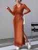 2024 Herbst/Winter Schlankes Rippstrick-Langkleid mit Revers