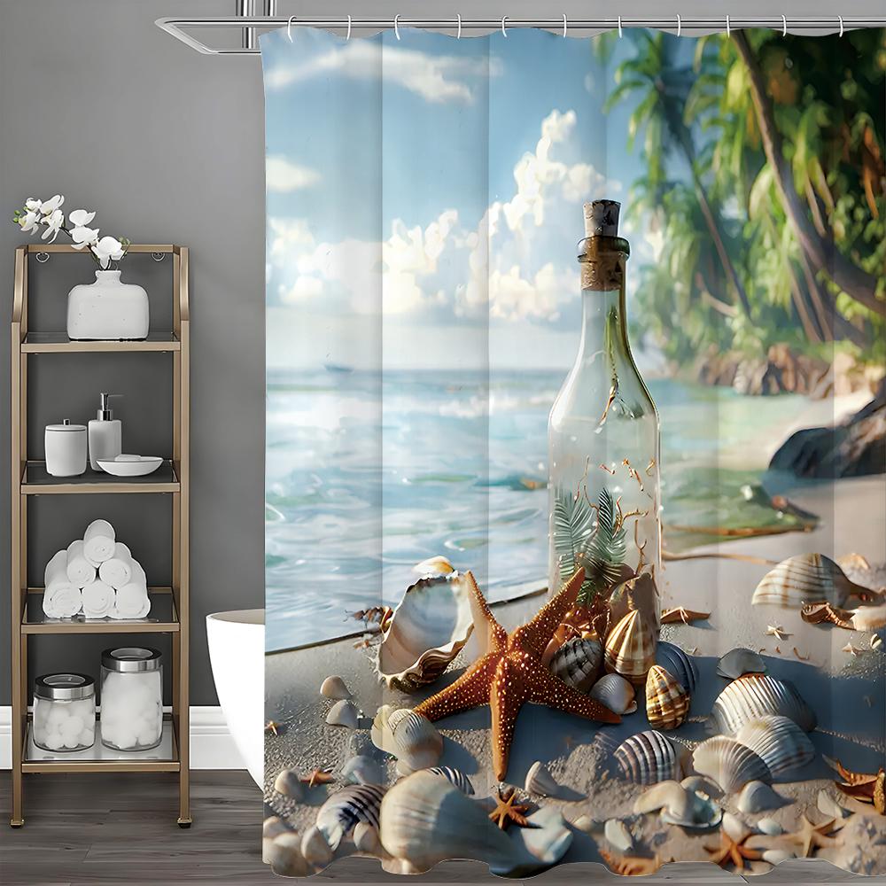 Ocean Beach Glass Bottle Starfish Shell Shower Curtain, Bathroom Decorative Shower Curtain, Waterproof Shower Curtain with Hooks