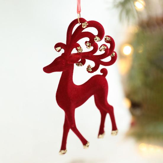 Christmas Ornaments Red Flocking Bell Wreath Snowfall Elk Pendant Snowy Winter Decor for Tree Hanging