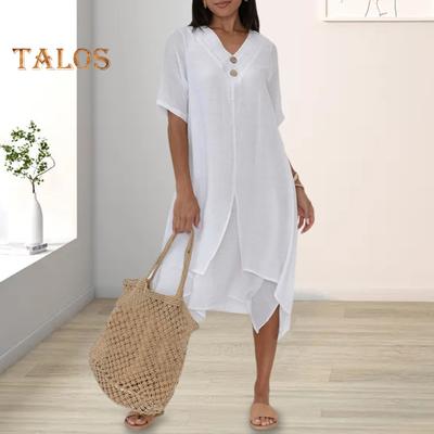 Γυναικείο casual φόρεμα V-λαιμόκοψη με κουμπιά με κοντό μανίκι Διακόσμηση Midi φόρεμα μονόχρωμο ακανόνιστο στρίφωμα ψεύτικο φόρεμα δύο τεμαχίων