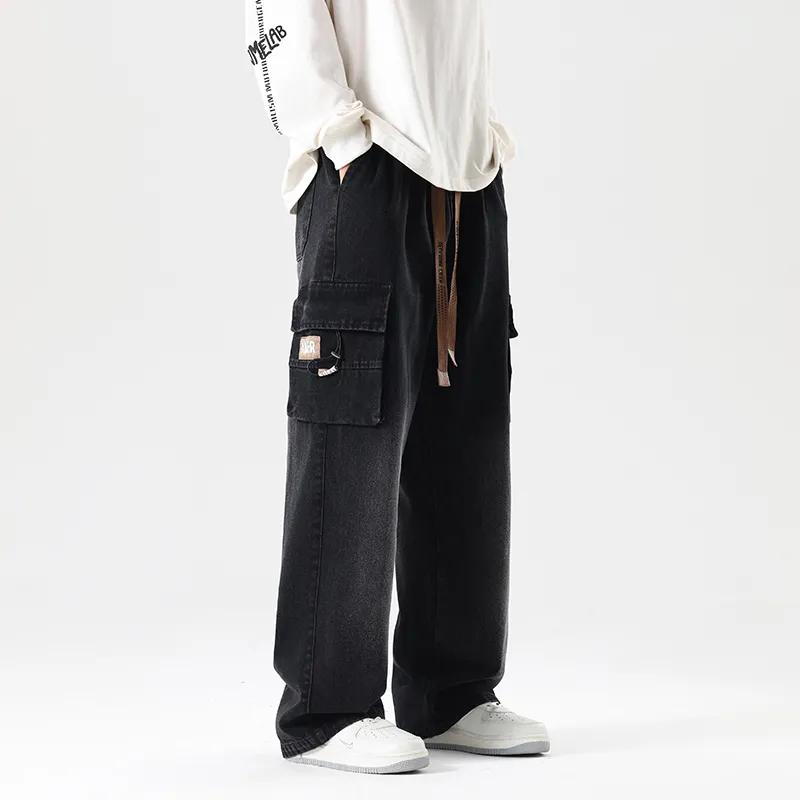 Frühling Herbst Herren Cargo Jeans String Banding Wide Leg Denim Hose Straight Baggy Jean Hose
