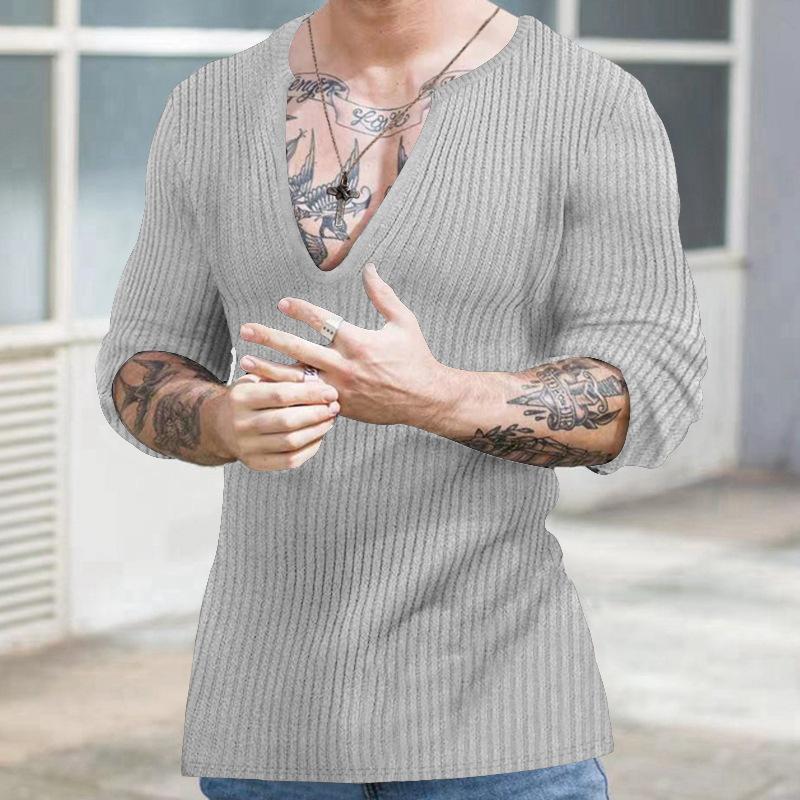 Amazon Cross-border 2023 European and American Men's Casual Autumn and Winter Deep V-neck Slim-fitting Long-sleeved Solid-color Knitted Bottoming