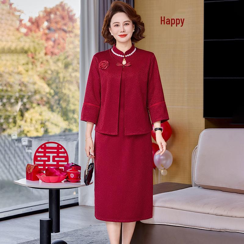 2026 Spring Autumn Elegant Beaded Mother of the Bride Wedding Banquet Dress Set