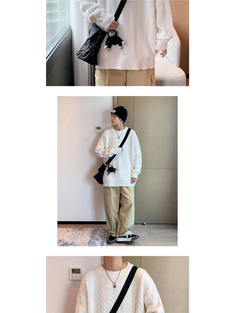 Men's Loose Fit Cable Knit Crew Neck Sweater - Retro Hong Kong Style Autumn/Winter Knitwear