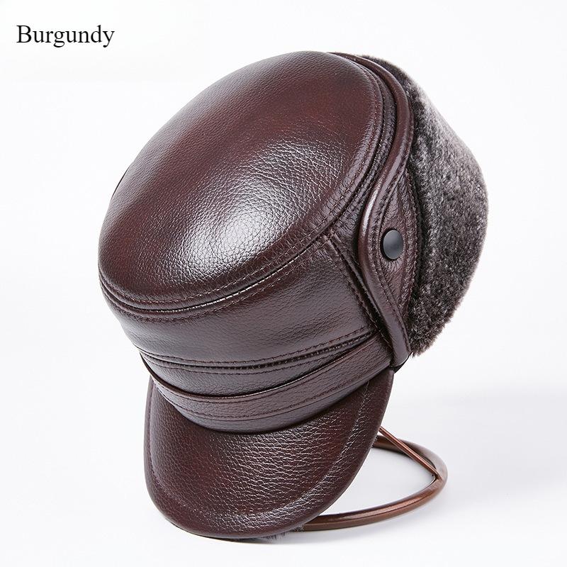 Men’s Genuine Cowhide Leather Ushanka Hat, Thick Warm Winter Earflap Cap for Middle-Aged and Elderly Men