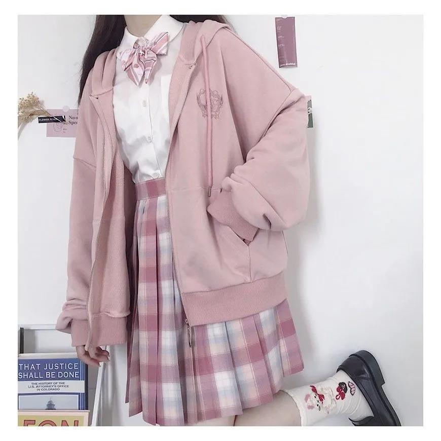 FiveFive Girl Милая мода Kawaii толстовки с капюшоном на молнии для женщин большого размера Jk Uniform Sweatshirt Весна Осень S розовый 1467₽