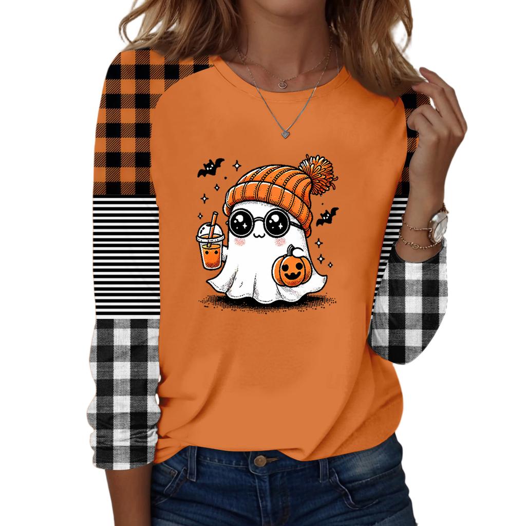 Women's Halloween Print Long Sleeve Round Neck Tunic Top Casual Blouse for Fall Parties